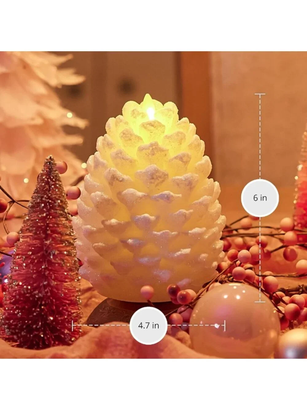 Flameless Pinecone Candle - White Glitter Finish, Real Wax, LED, Battery
